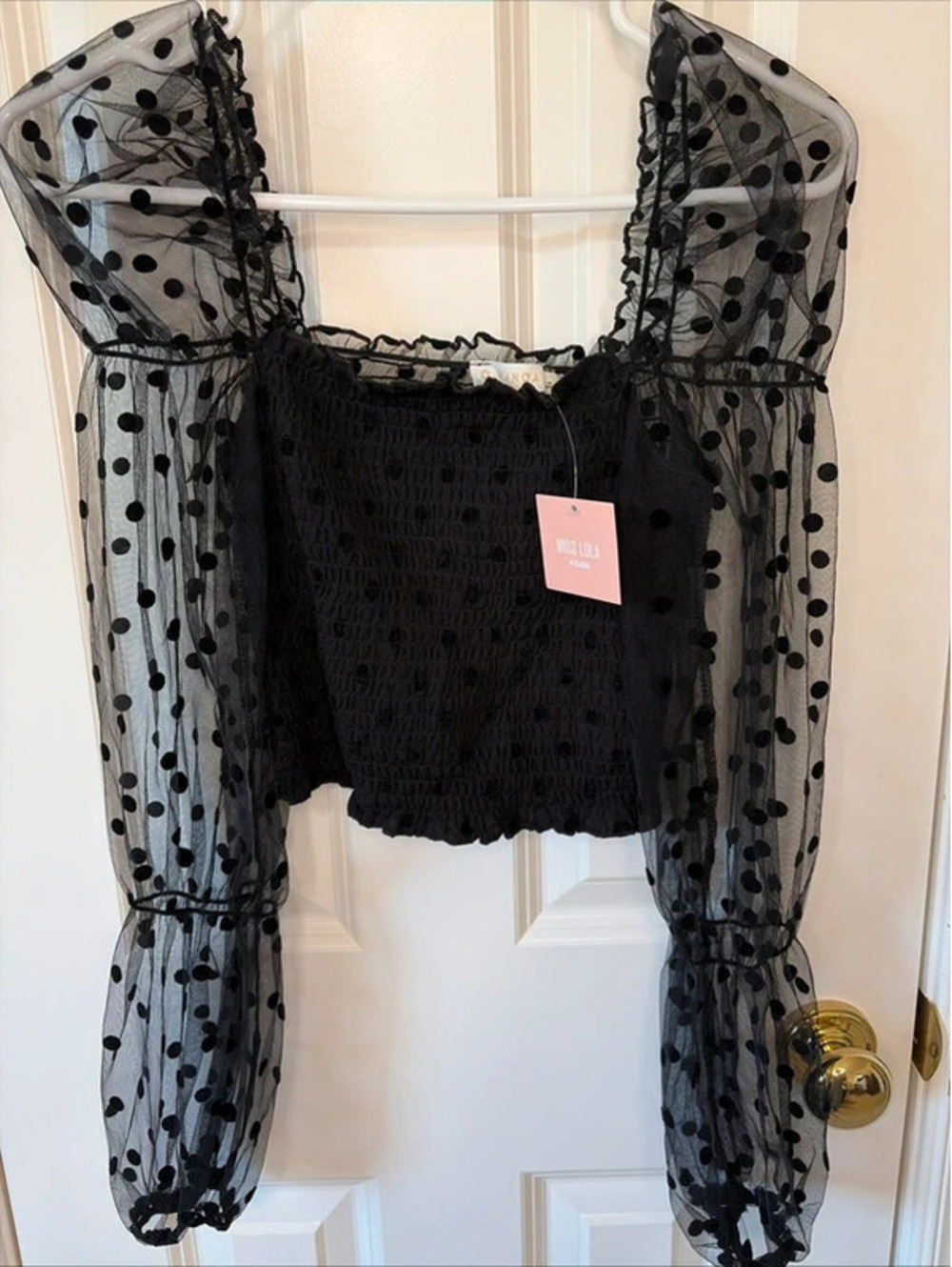 NWT Miss Lola black smocked crop top with sheer long sleeves size small